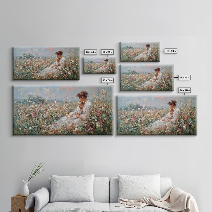 Mother And Baby In Coastal Wildflower Meadow Wall Art, Impressionist Framed Canvas Print, Nursery Decor, Gift For Mom, Home Decor