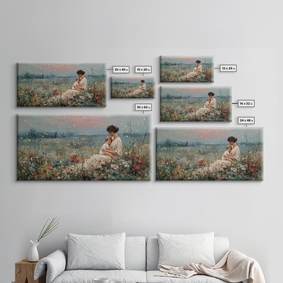Golden Firefly Mother And Baby Meadow Canvas Print, Serene Lakeside Wall Art, Impressionist Nursery Decor, Gift For Mom, Home Decor