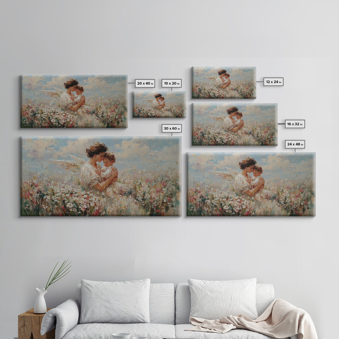 Mother Embracing Child In Daisy Meadow Framed Canvas Print, Impressionist Floral Wall Art, Nursery Decor, Gift For Mom, Home Decor