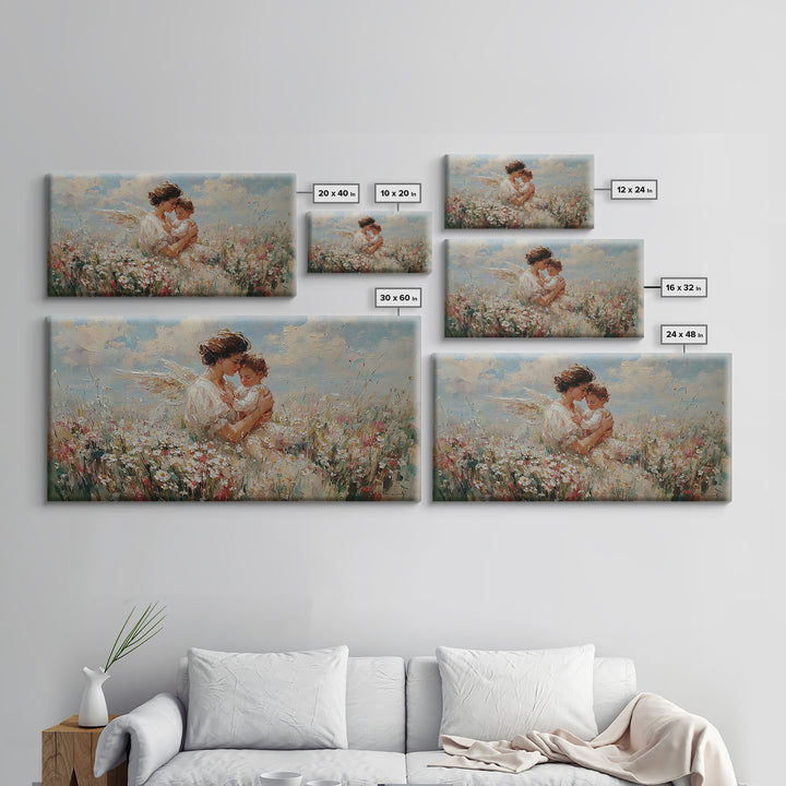 Mother Embracing Child In Daisy Meadow Framed Canvas Print, Impressionist Floral Wall Art, Nursery Decor, Gift For Mom, Home Decor