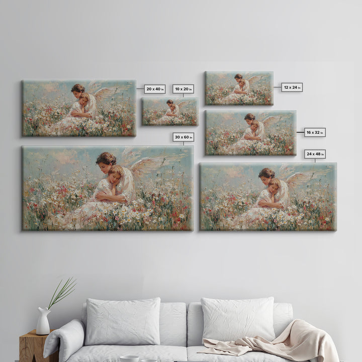 Guardian Angel And Child In Wildflower Meadow Framed Canvas Print, Christian Nursery Wall Art, Motherhood Gift Home Decor