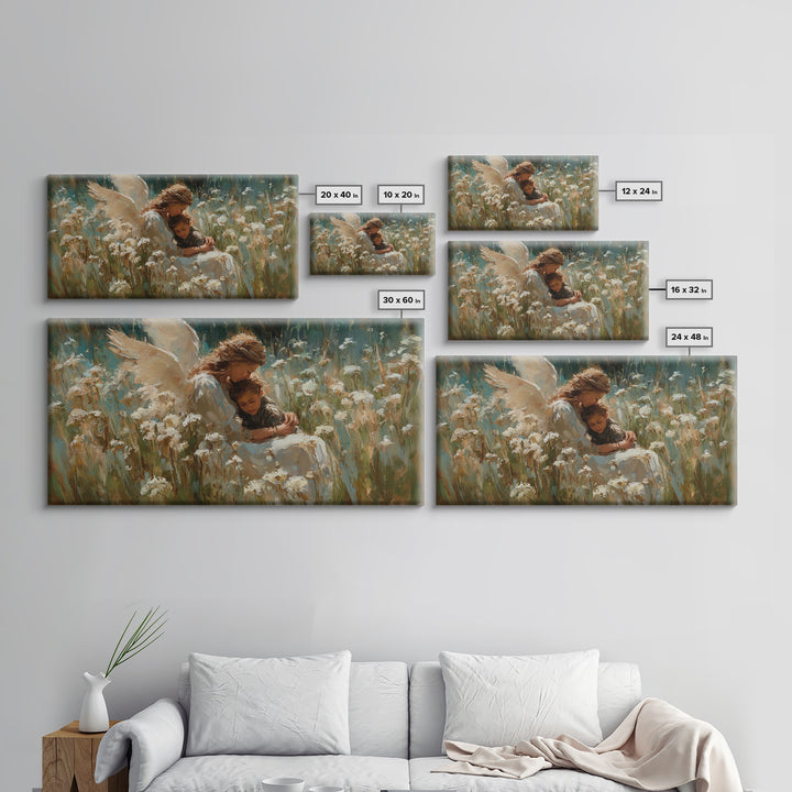 Protective Angel Embracing Child In White Flower Field Framed Canvas Print, Christian Wall Art, Nursery Decor Housewarming Gift