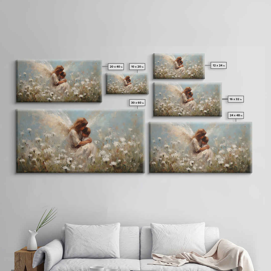 Tender Angel Holding Baby In White Wildflower Meadow Canvas Print, Christian Wall Art, Nursery Home Decor, Motherhood Gift