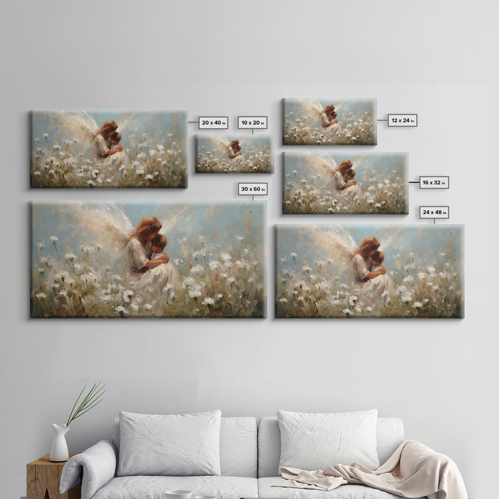 Tender Angel Holding Baby In White Wildflower Meadow Canvas Print, Christian Wall Art, Nursery Home Decor, Motherhood Gift