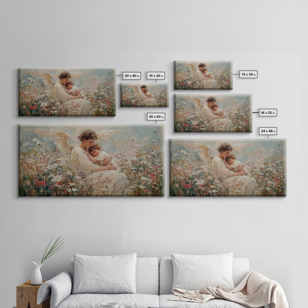 Seated Guardian Angel Cradling Sleeping Baby In Floral Meadow Wall Art, Christian Nursery Decor, Motherhood Gift For Her