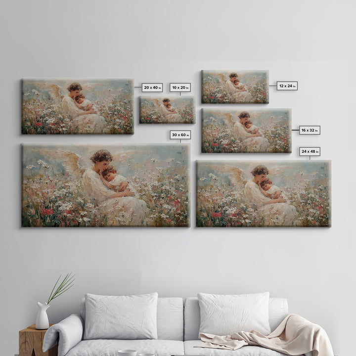 Seated Guardian Angel Cradling Sleeping Baby In Floral Meadow Wall Art, Christian Nursery Decor, Motherhood Gift For Her