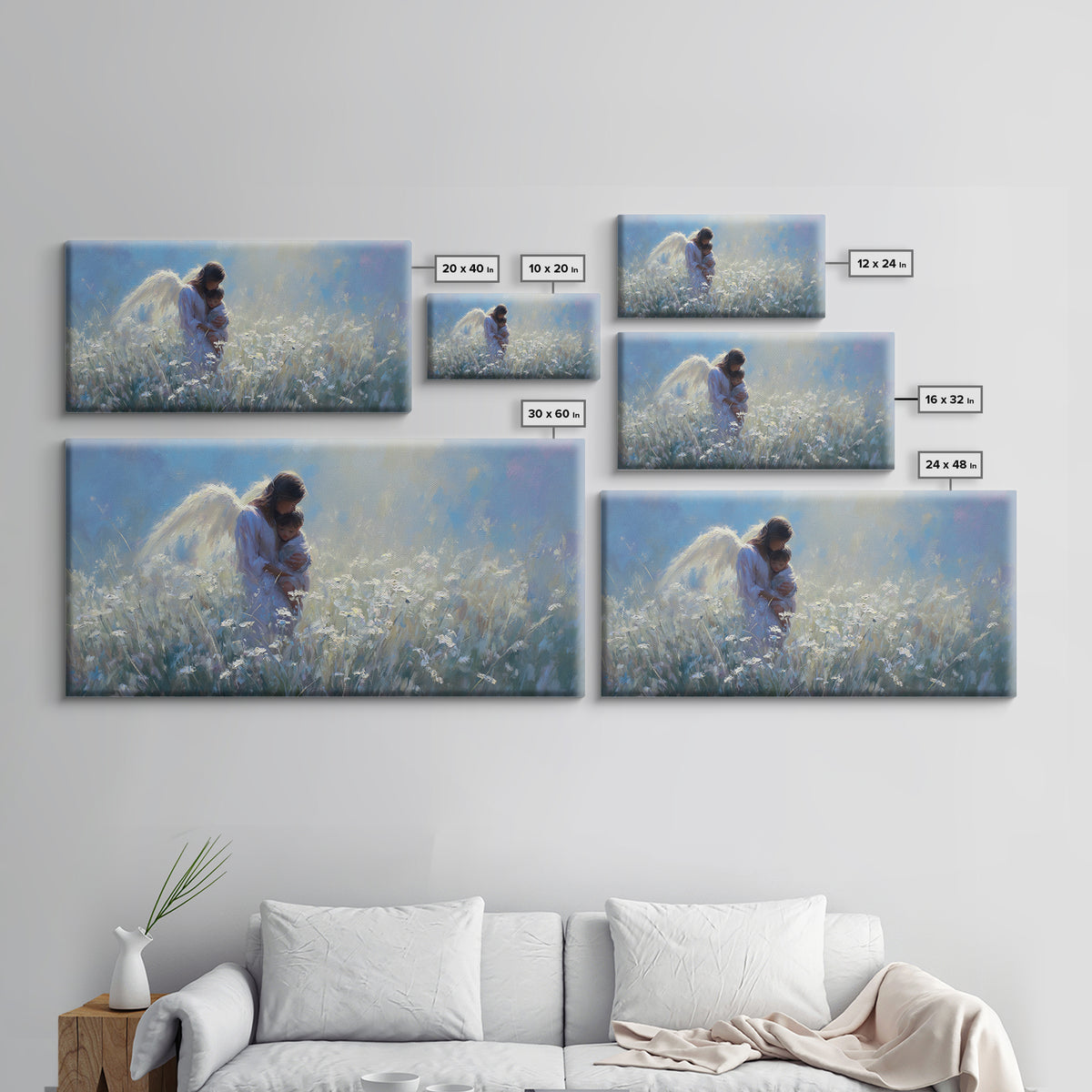 Angel Mother Holding Child In Moonlit White Meadow Framed Canvas Print, Christian Wall Art, Calming Nursery Home Decor Gift