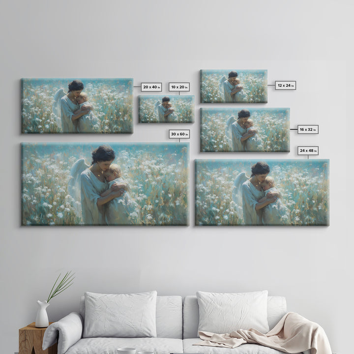 Serene Angel Cradling Blonde Baby In Blue Wildflower Field Framed Canvas Print, Christian Wall Art, Nursery Home Decor Gift