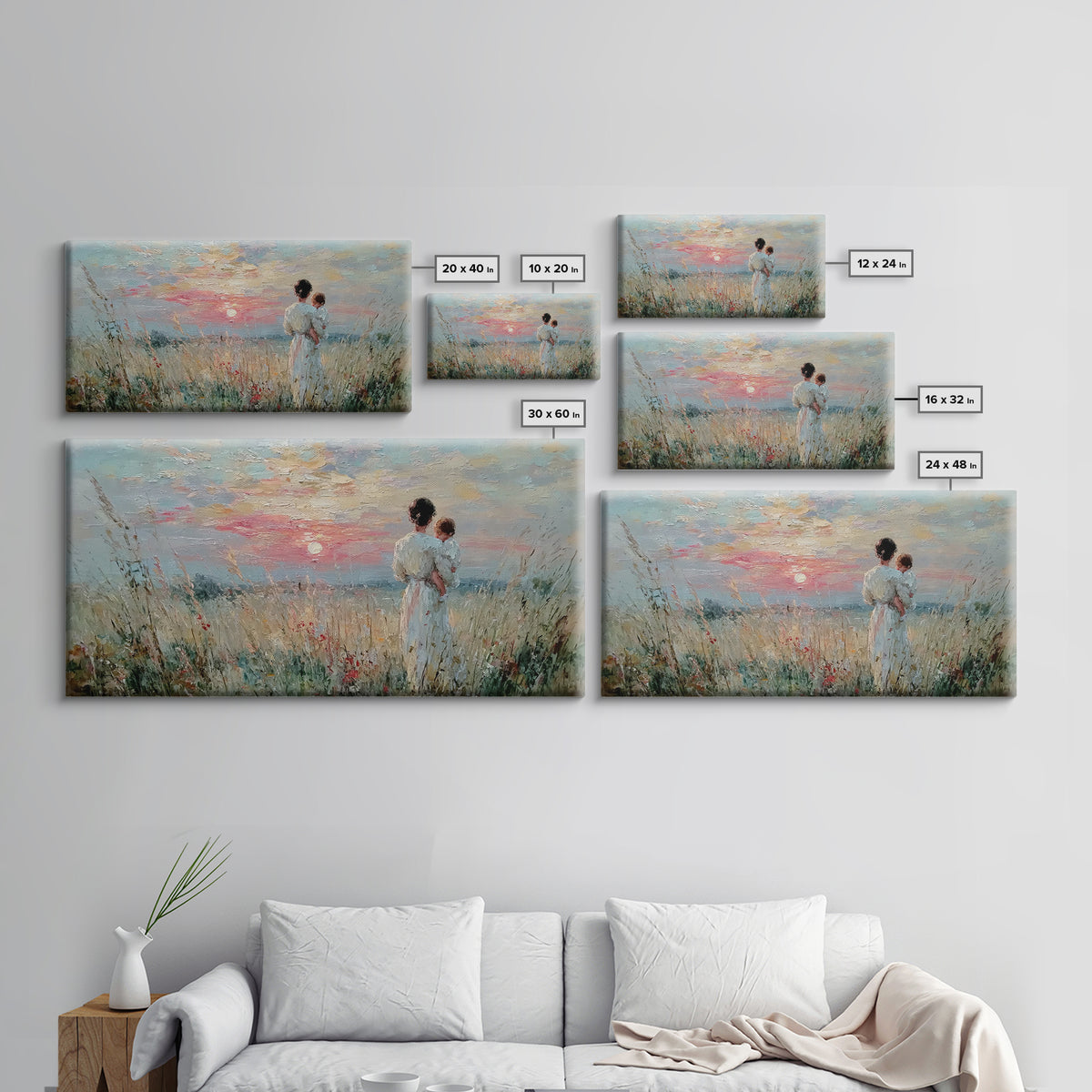 Mother And Child Sunset Seascape Canvas Print, Impressionist Coastal Wall Art, Romantic Bedroom Decor, Nursery Gift For Her