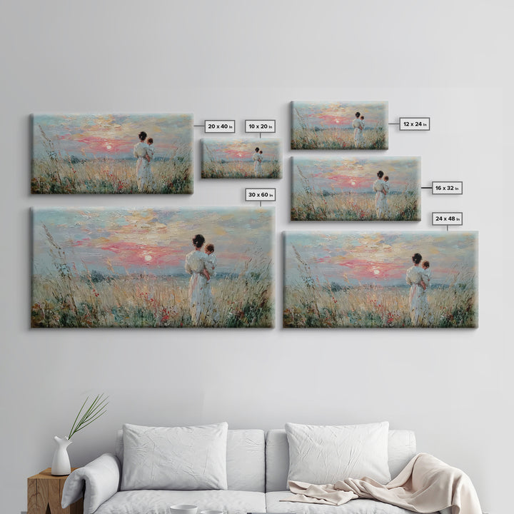 Mother And Child Sunset Seascape Canvas Print, Impressionist Coastal Wall Art, Romantic Bedroom Decor, Nursery Gift For Her