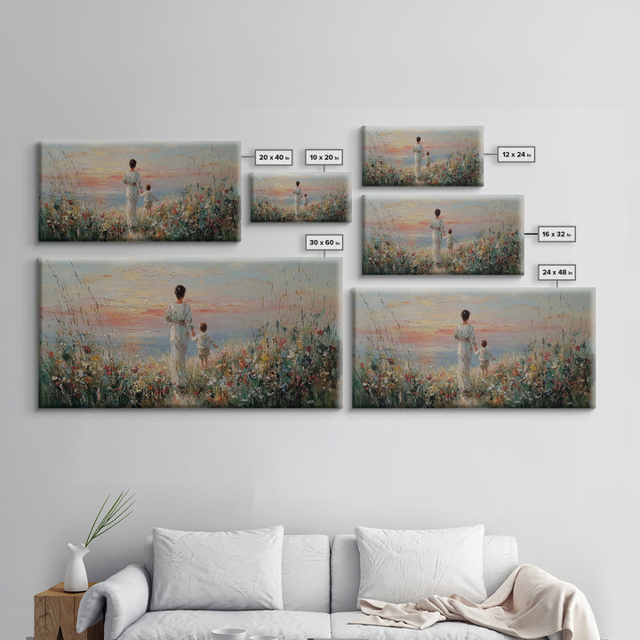 Mother And Child Ocean Meadow Wall Art, Impressionist Wildflower Seascape, Coastal Nursery Decor, Framed Canvas Print, Gift For Her