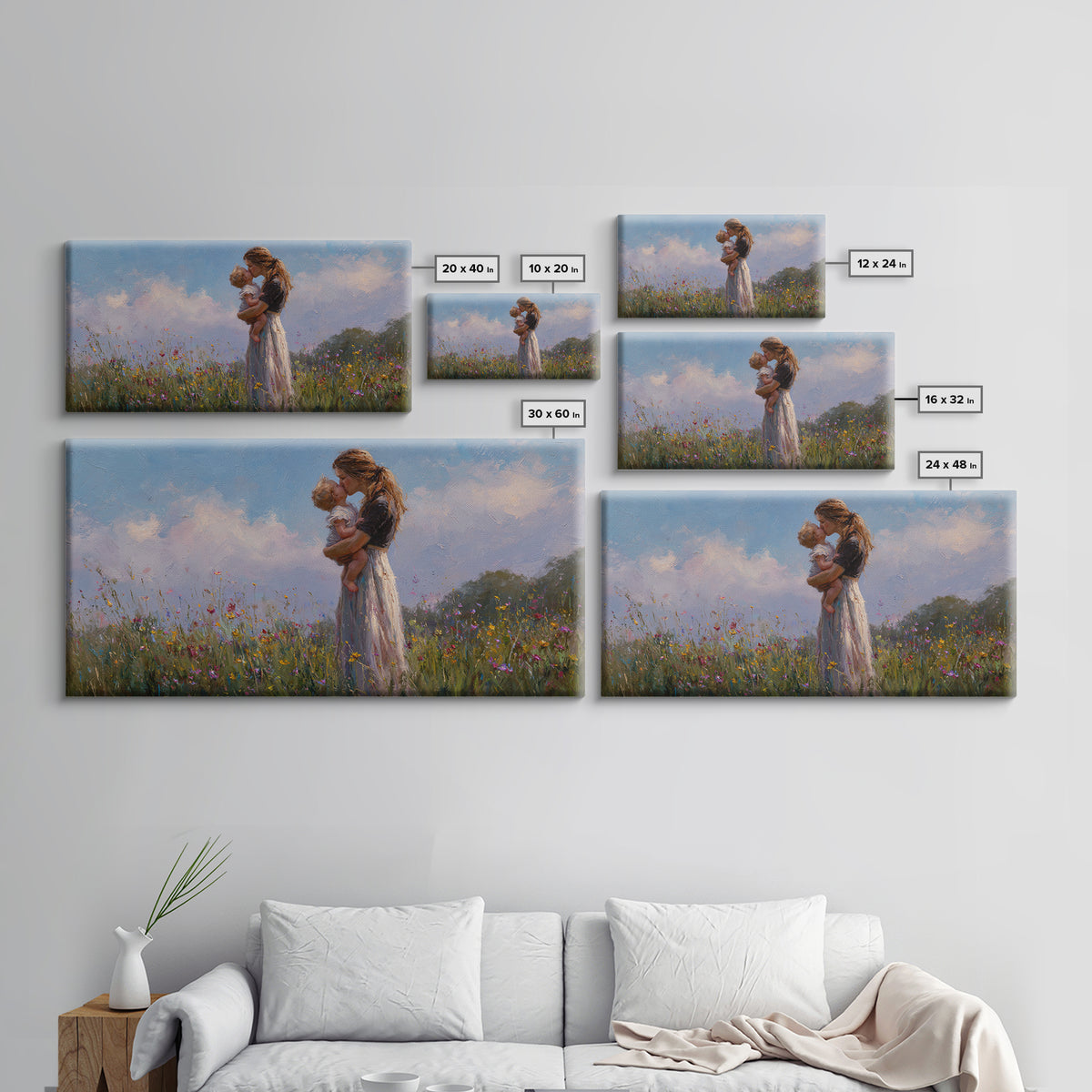 Mother Holding Baby In Wildflower Meadow Wall Art, Impressionist Canvas Print, Nursery Decor, Gift For Mom, Bedroom Decor