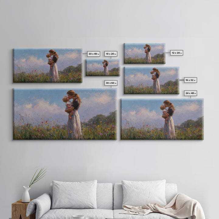 Mother Holding Baby In Wildflower Meadow Wall Art, Impressionist Canvas Print, Nursery Decor, Gift For Mom, Bedroom Decor
