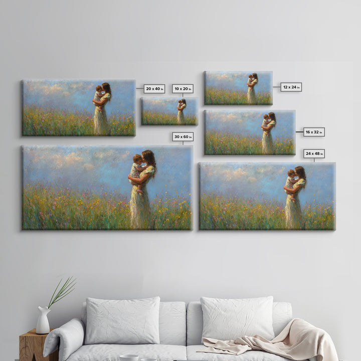 Mother And Child Embraced In Flower Field Wall Art, Impressionist Canvas Print, Floral Nursery Decor, Housewarming Gift, Gift For Mom