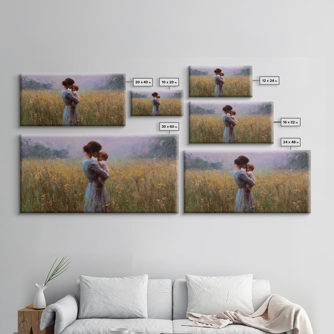 Mother Cuddling Baby In Golden Meadow Wall Art, Impressionist Canvas Print, Neutral Nursery Decor, Gift For Her, Living Room Decor