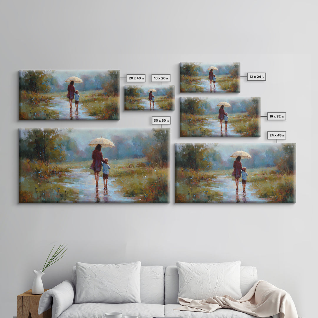 Mother And Child Walking In Rain With Umbrella Wall Art, Impressionist Canvas Print, Cozy Nursery Decor, Housewarming Gift