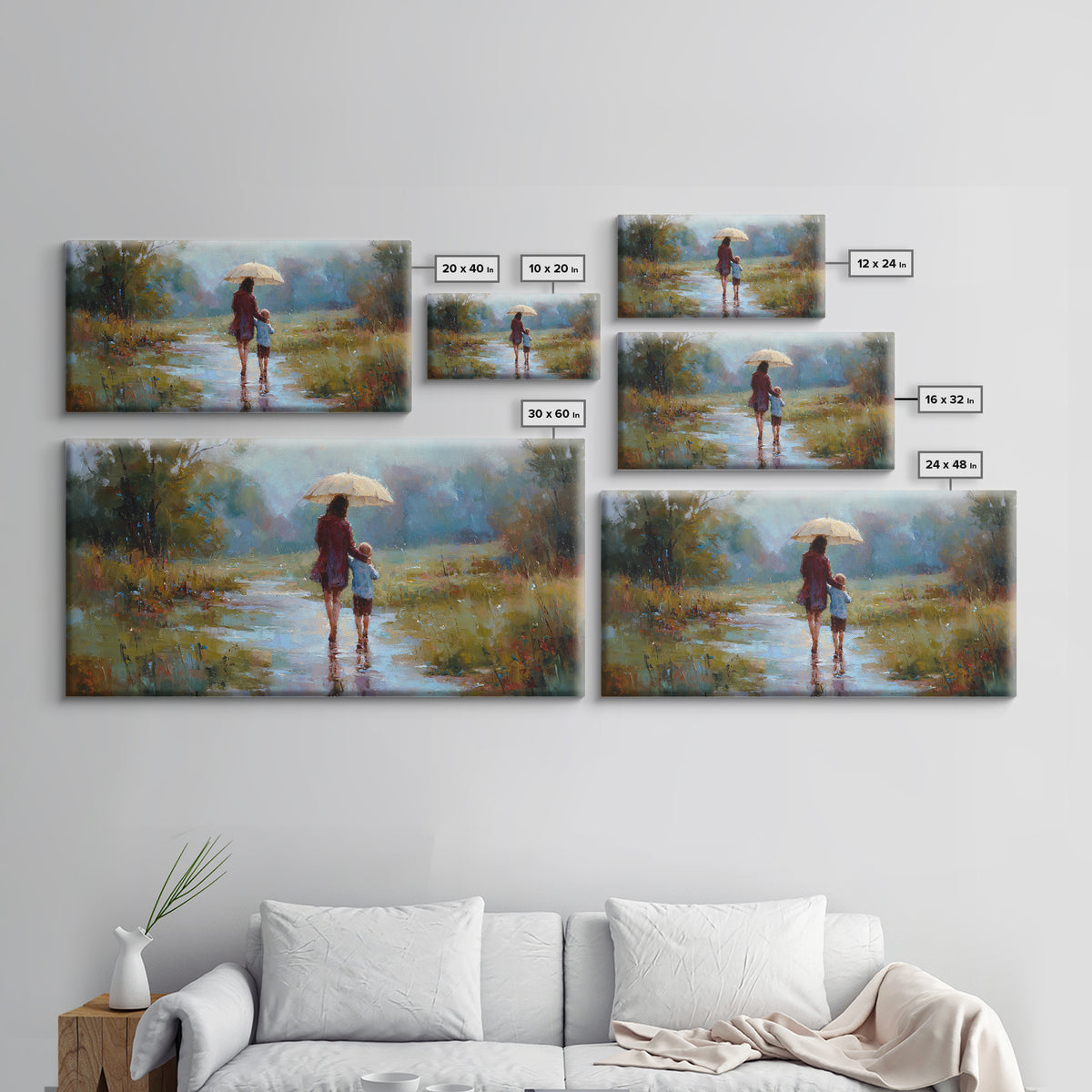 Mother And Child Walking In Rain With Umbrella Wall Art, Impressionist Canvas Print, Cozy Nursery Decor, Housewarming Gift