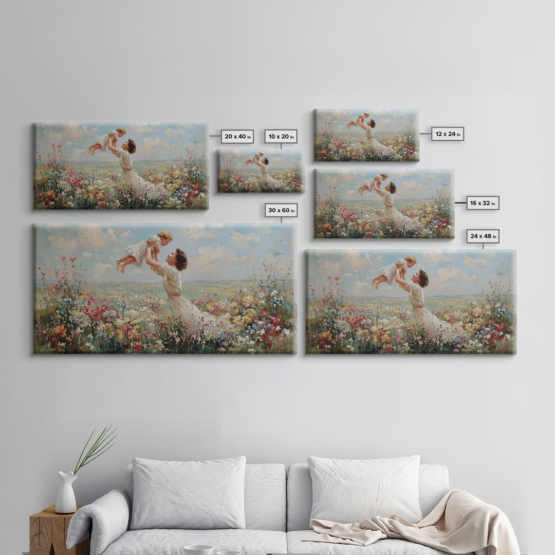 Mother Lifting Baby By Coastal Wildflower Meadow Wall Art, Impressionist Framed Canvas Print, Beach House Decor, Gift For Mom