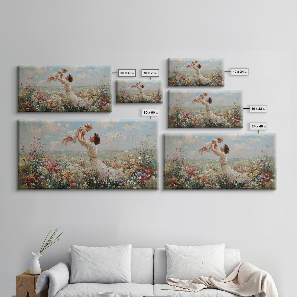 Mother Lifting Baby By Coastal Wildflower Meadow Wall Art, Impressionist Framed Canvas Print, Beach House Decor, Gift For Mom