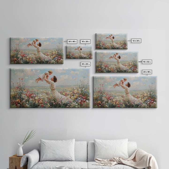 Mother Lifting Baby By Coastal Wildflower Meadow Wall Art, Impressionist Framed Canvas Print, Beach House Decor, Gift For Mom
