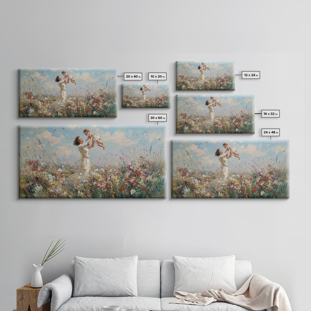 Mother Lifting Baby In Wildflower Meadow Wall Art, Impressionist Canvas Print, Floral Nursery Decor, Gift For Mom, Home Decor