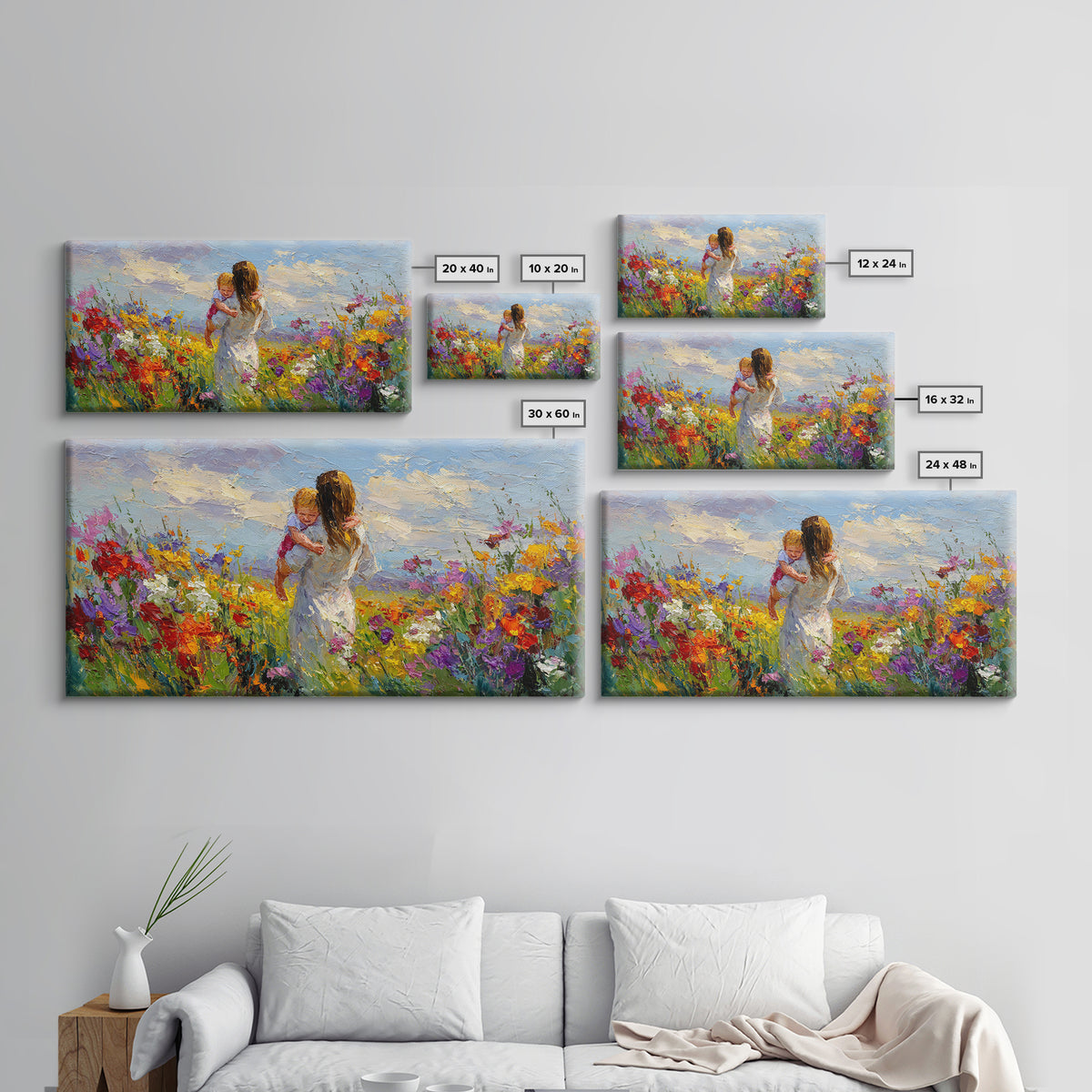 Woman Holding Baby In Vibrant Wildflower Meadow Framed Canvas Print, Mothers Day Gift, Floral Wall Art, Nursery Decor, Living Room Decor