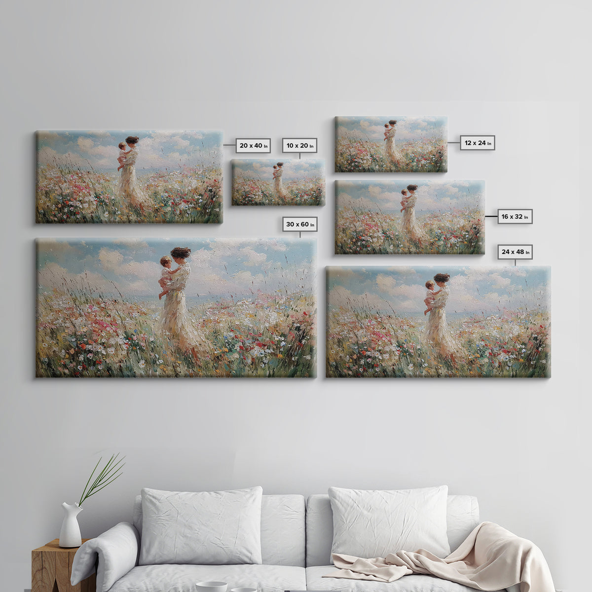 Mother And Baby In Soft Coastal Wildflower Field Canvas Print, Serene Floral Wall Art, Gift For Her, Bedroom Decor, Large Wall Art