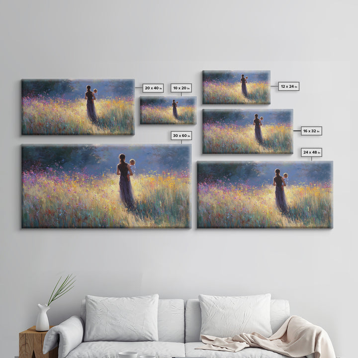 Backlit Mother Holding Baby In Glowing Wildflower Meadow Canvas Print, Moody Wall Art, Floral Wall Decor, Gift For Her, Large Wall Art