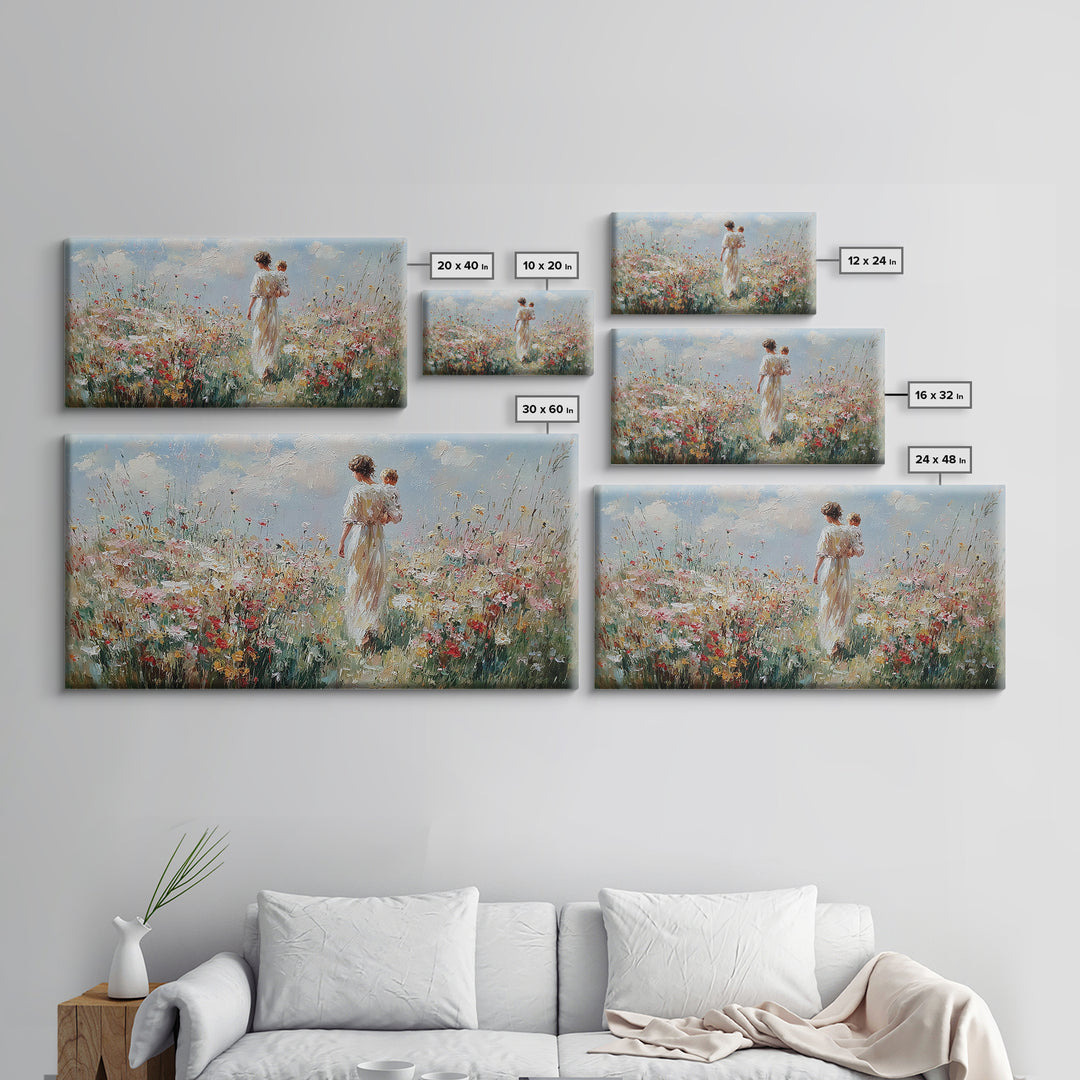 Mother And Baby Amid White Daisies And Red Poppies Framed Canvas Print, Floral Wall Art, Nursery Decor, Gift For Her, Living Room Decor
