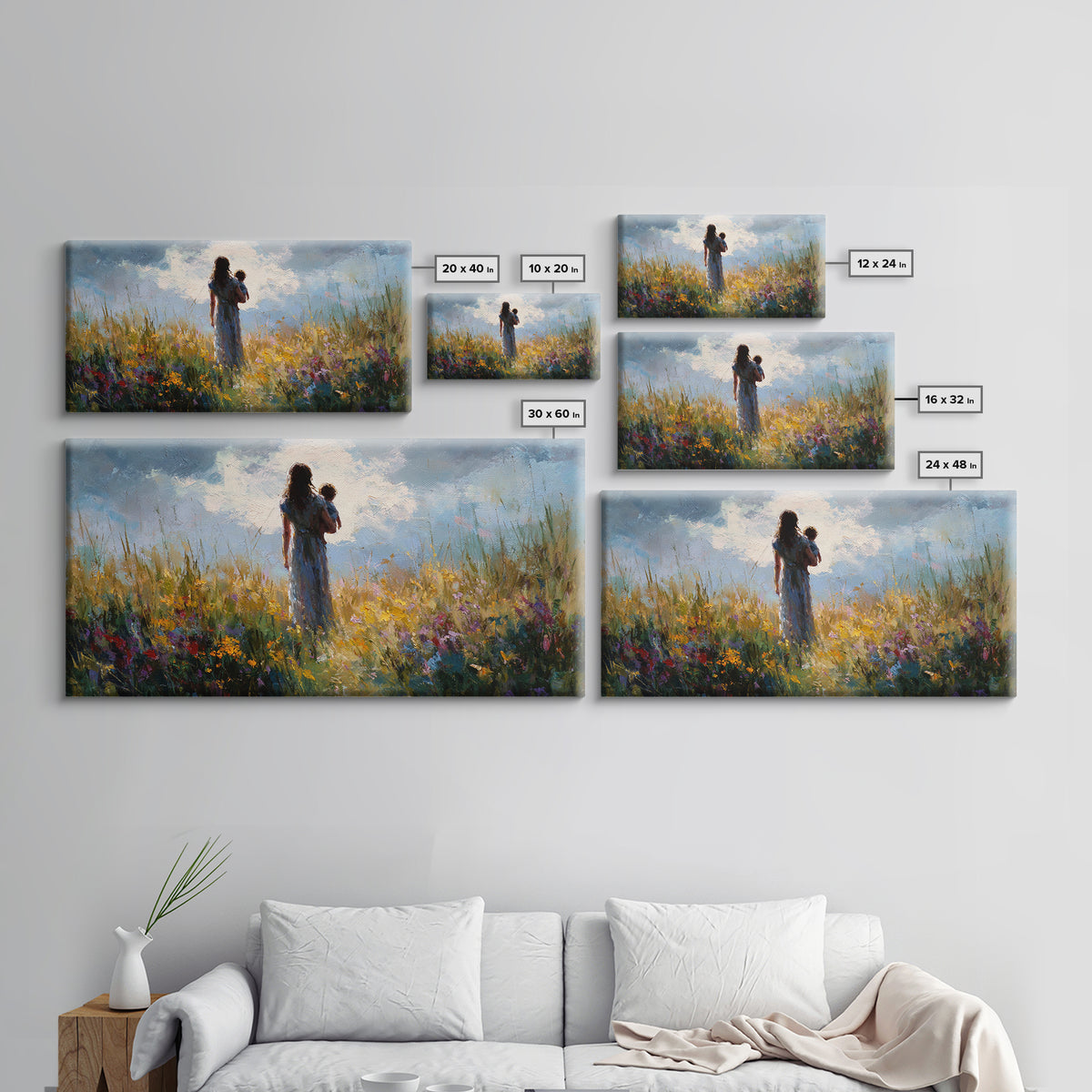 Mother And Baby In Windswept Summer Wildflower Field Canvas Print, Floral Wall Art, Gift For Her, Calming Bedroom Decor, Nursery Wall Art