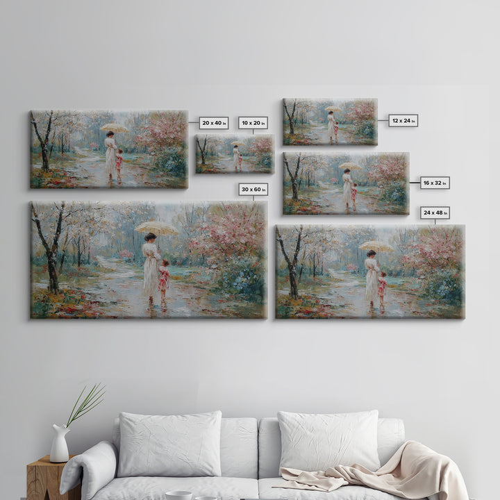 Mother And Child Walking Under Umbrella In Rainy Spring Garden Wall Art, Impressionist Painting, Gift For Her, Nursery Decor