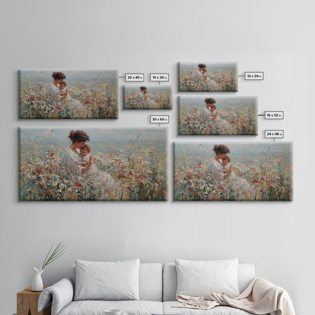 Mother Holding Smiling Baby Among Wildflowers By Sea Canvas Print, Coastal Wall Art, Mothers Day Gift, Living Room Decor