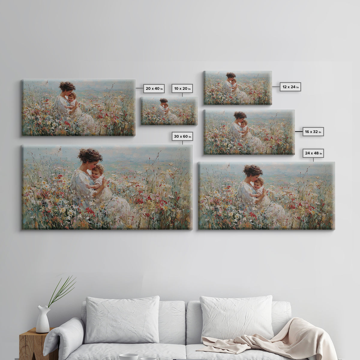 Mother Holding Smiling Baby Among Wildflowers By Sea Canvas Print, Coastal Wall Art, Mothers Day Gift, Living Room Decor