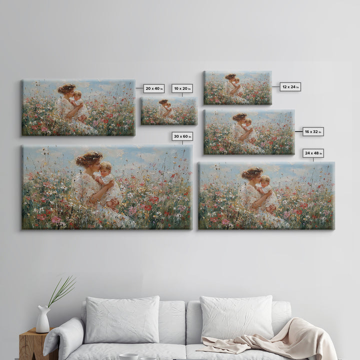Mother Lifting Baby In Blooming Flower Field Framed Canvas Print, Impressionist Floral Nursery Art, Gift For Mom Home Decor
