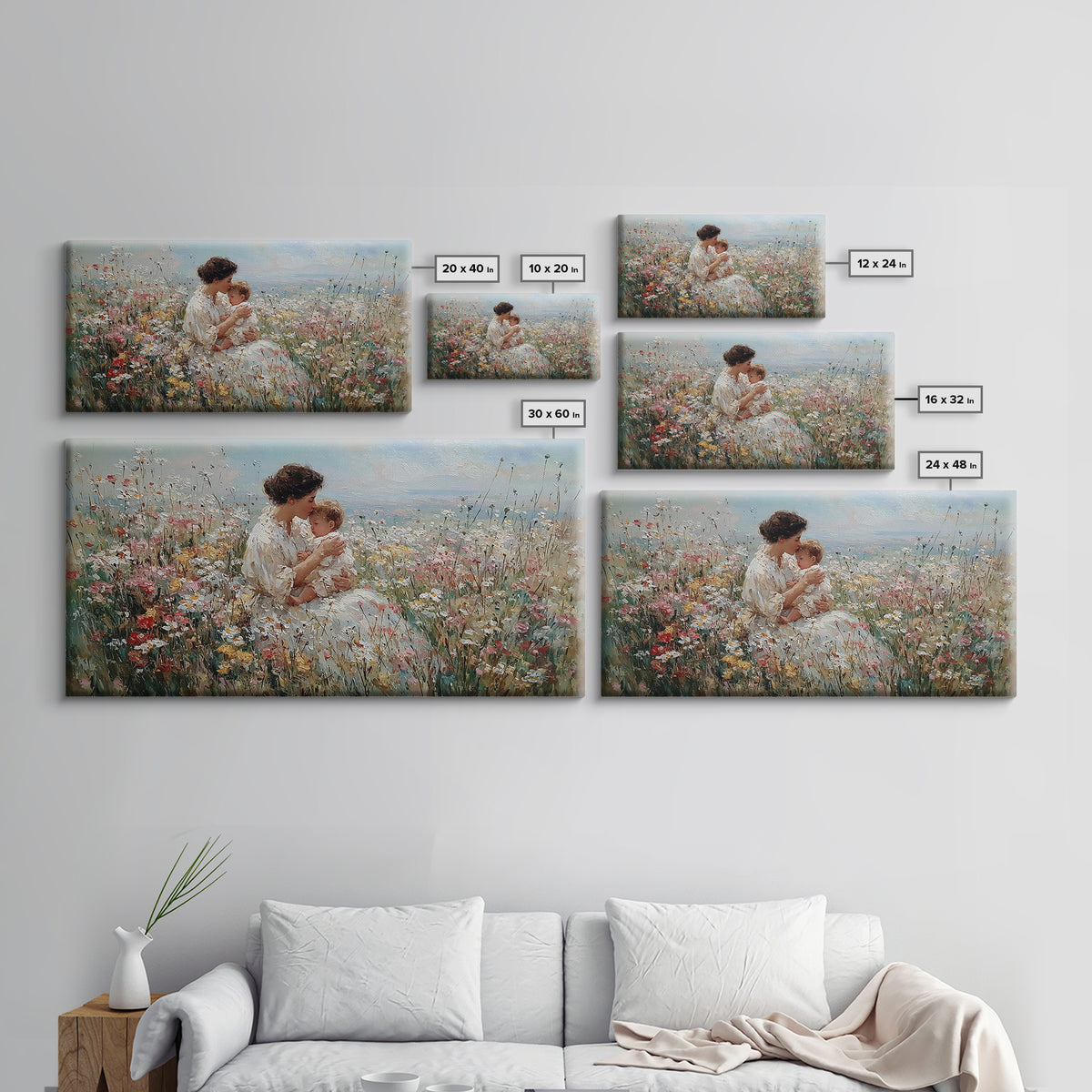 Seated Mother And Child In Coastal Wildflower Meadow Canvas Print, Impressionist Family Wall Art, Nursery Decor Gift For Her