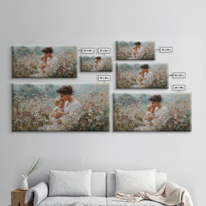Mother Embracing Child In White Wildflower Meadow Framed Canvas Print, Impressionist Floral Wall Art, Nursery Decor Gift