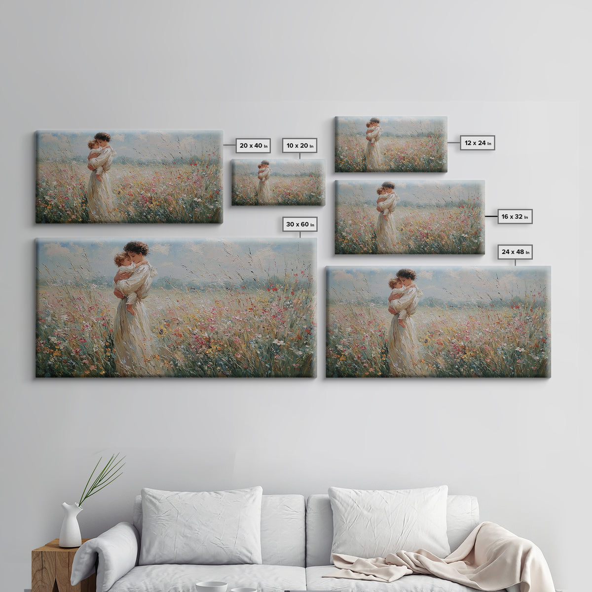 Standing Mother Holding Baby In Windy Wildflower Field Wall Art, Impressionist Landscape Canvas Print, Mothers Day Home Decor