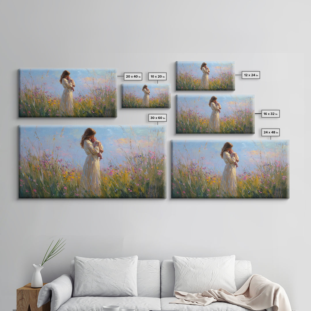 Backlit Mother And Baby In Sunlit Meadow Canvas Print, Impressionist Wildflower Wall Art, Feminine Nursery Decor Gift For Mom