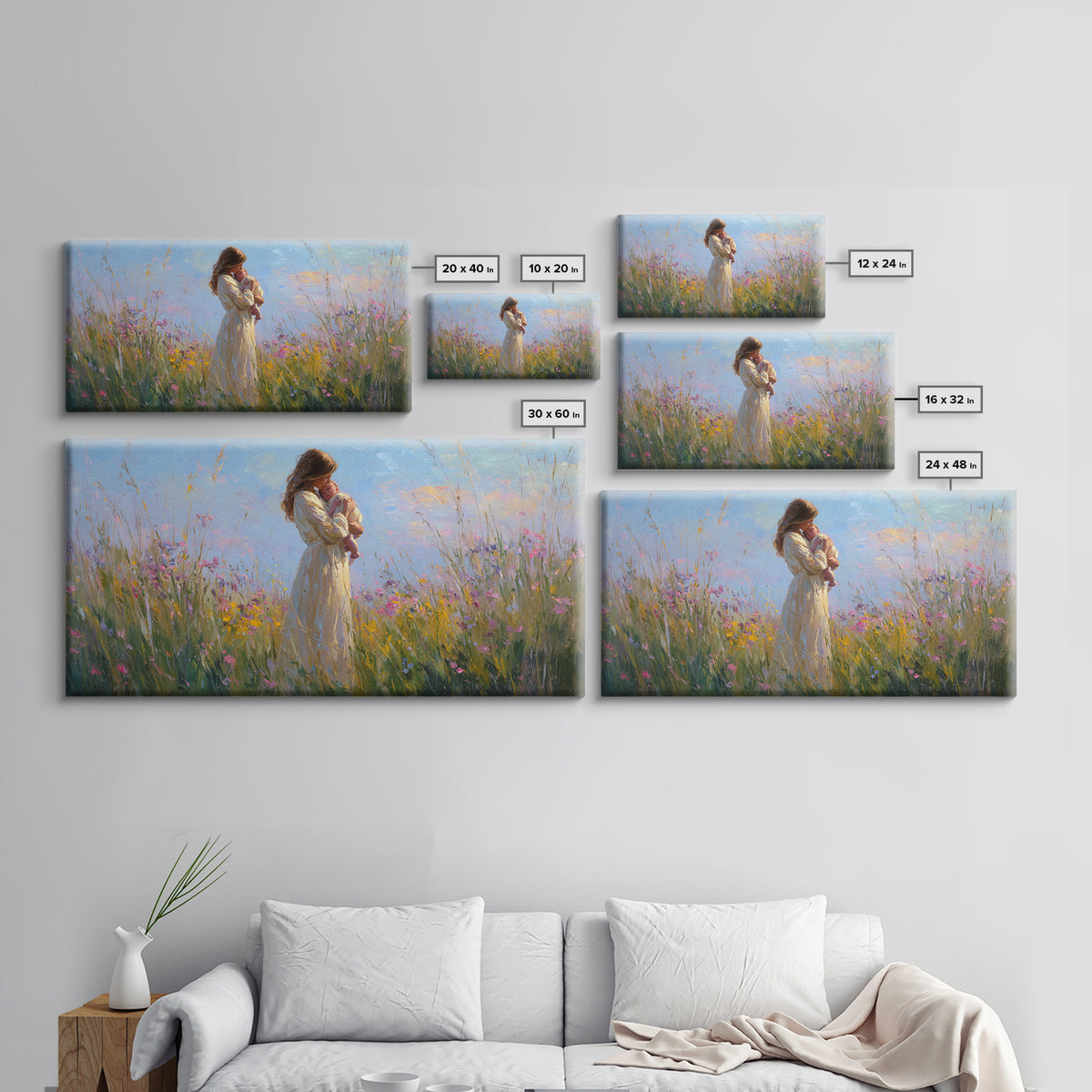 Backlit Mother And Baby In Sunlit Meadow Canvas Print, Impressionist Wildflower Wall Art, Feminine Nursery Decor Gift For Mom