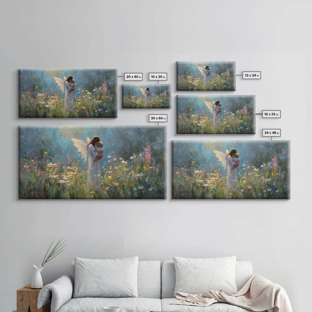 Guardian Angel Holding Baby Canvas Print, Wildflower Meadow Oil Painting, Spiritual Wall Decor, Nursery Art, Gift For Mom