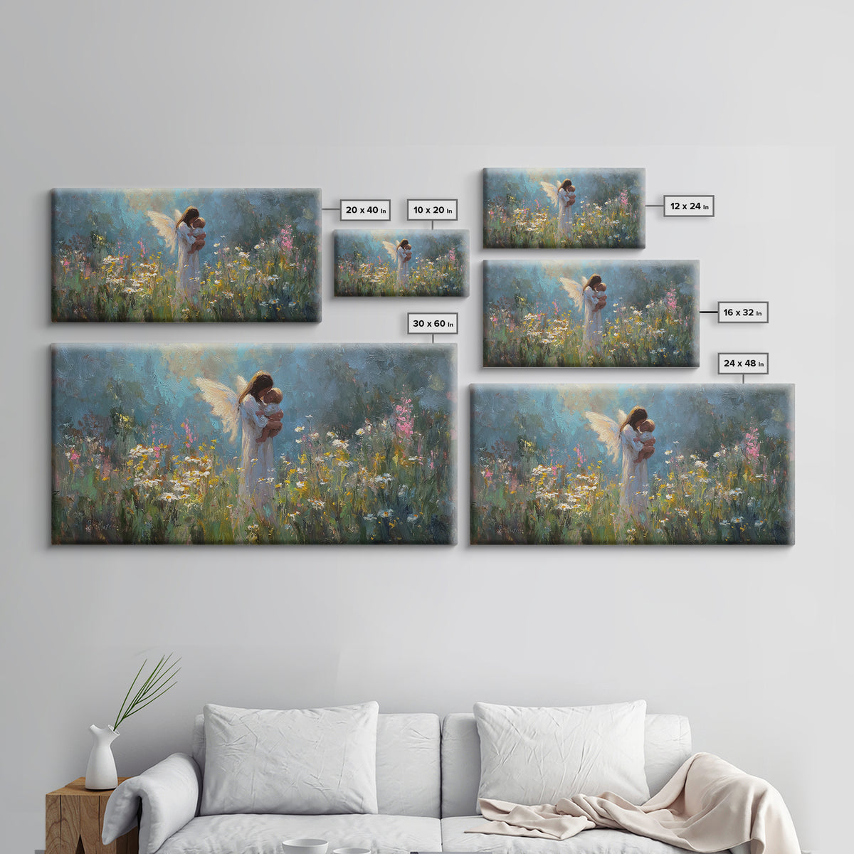 Guardian Angel Holding Baby Canvas Print, Wildflower Meadow Oil Painting, Spiritual Wall Decor, Nursery Art, Gift For Mom