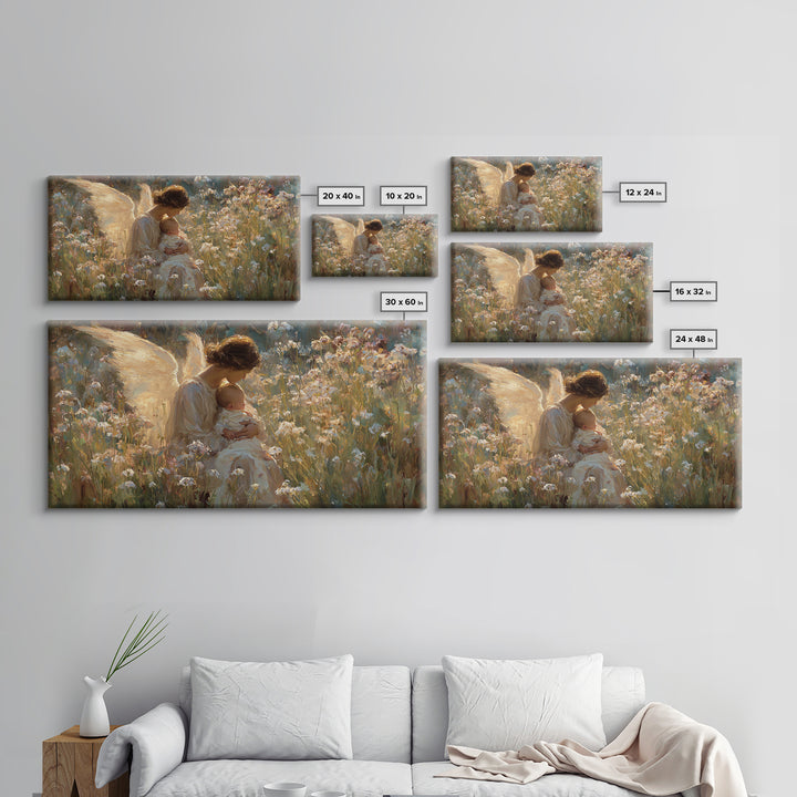 Sunlit Angel Cradling Baby Wall Art, Wildflower Meadow Painting, Christian Nursery Decor, Spiritual Gift For Mom, Canvas Art