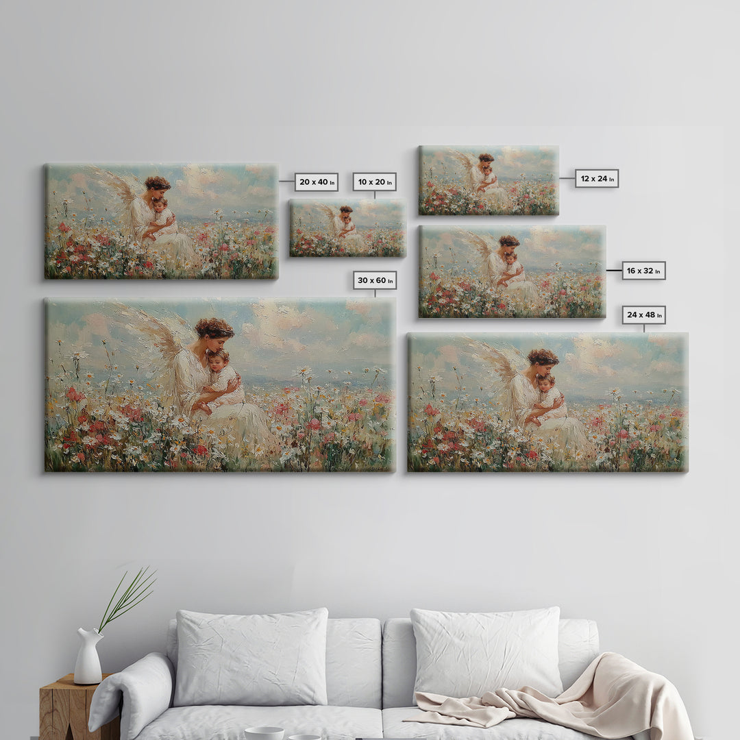 Angel And Baby In Flower Field Framed Canvas Print, Dreamy Christian Wall Art, Wildflower Nursery Decor, Gift For Her, Fine Art