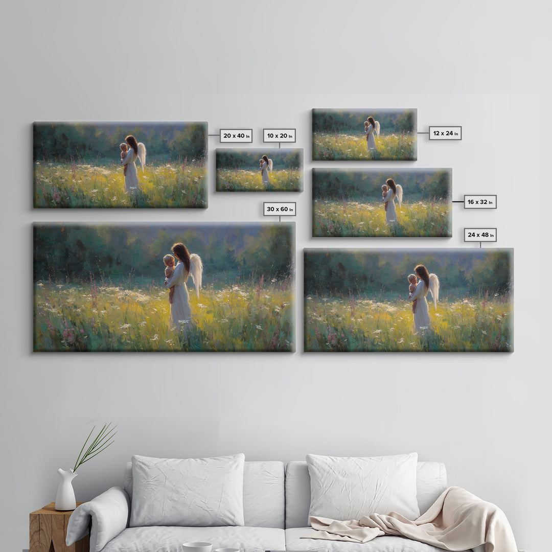 Angel Mother Holding Baby Wall Art, Luminous Meadow Oil Painting, Christian Nursery Decor, Spiritual Wall Decor, Gift For Her