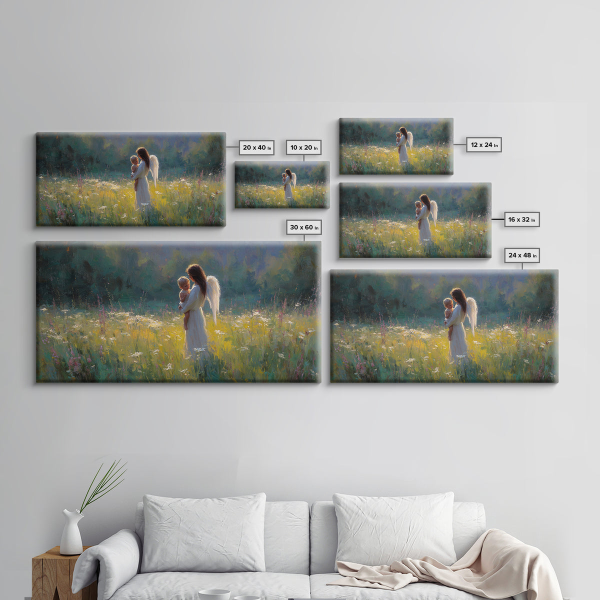 Angel Mother Holding Baby Wall Art, Luminous Meadow Oil Painting, Christian Nursery Decor, Spiritual Wall Decor, Gift For Her