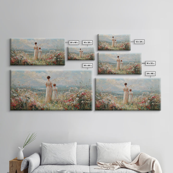 Angel And Child In Wildflower Field Framed Canvas Print, Impressionist Christian Wall Art, Floral Nursery Decor, Gift For Her