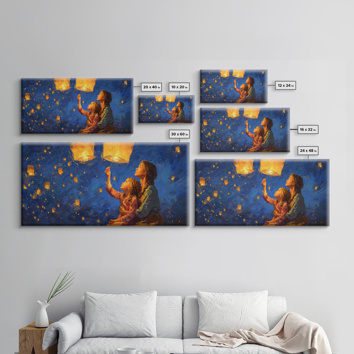 Mother And Child Lantern Festival Canvas Print, Blue Night Sky Painting, Whimsical Wall Art, Family Gift, Cozy Home Decor