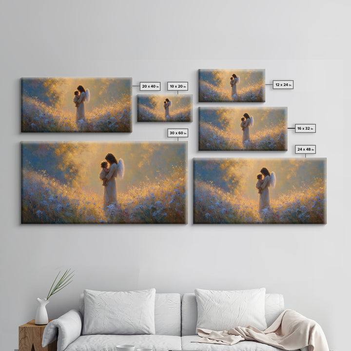Guardian Angel Mother And Child In Golden Wildflower Meadow Wall Art, Christian Nursery Decor, Spiritual Gift For Mom, Home Decor