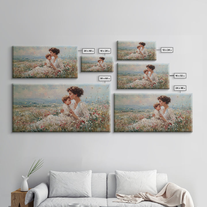 Seated Mother And Child In Soft Wildflower Field Canvas Print, Impressionist Floral Wall Art, Gift For Mom, Living Room Decor