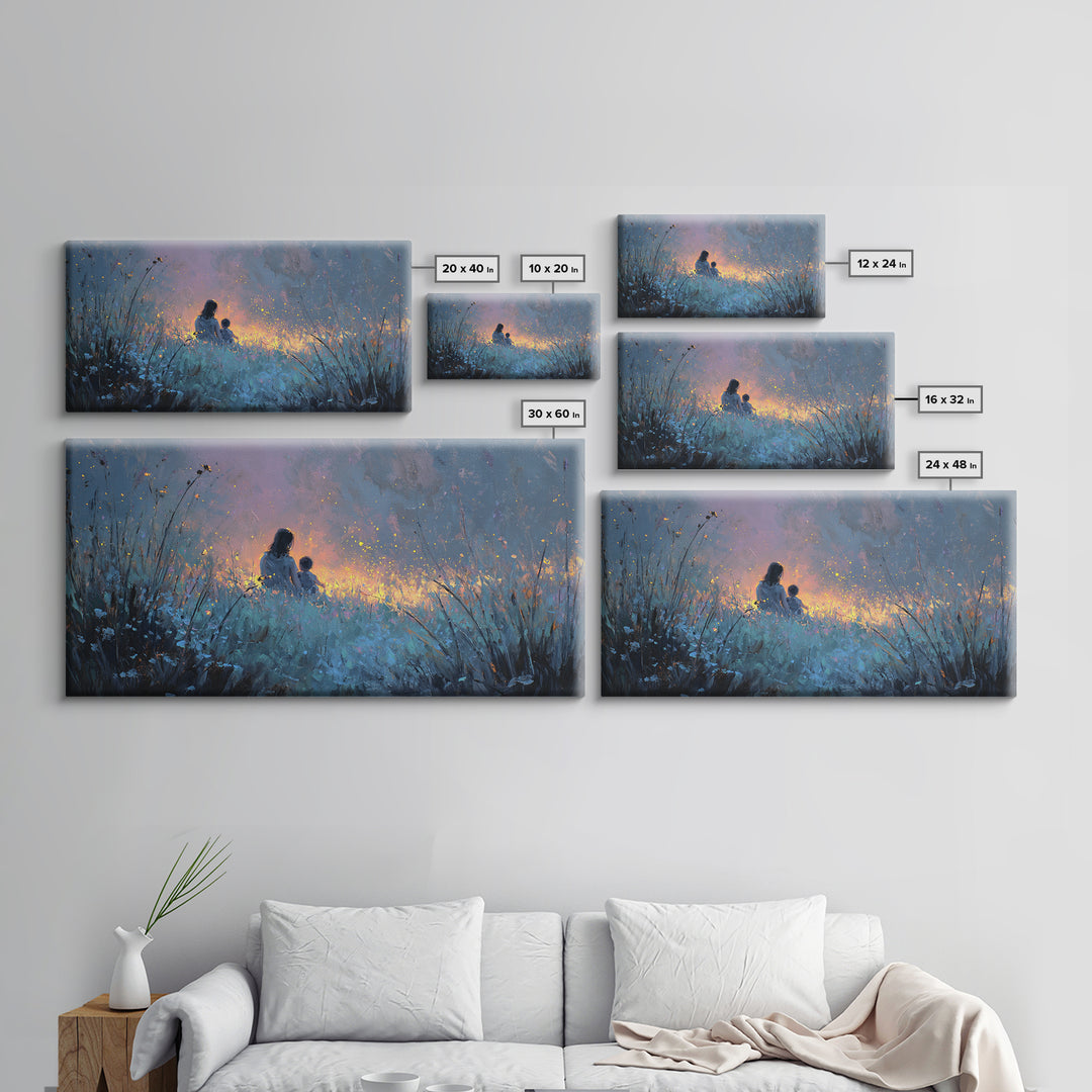 Silhouetted Mother And Child In Glowing Blue Meadow Canvas Print, Moody Wall Art, Celestial Nursery Decor Gift For Mom, Home Decor